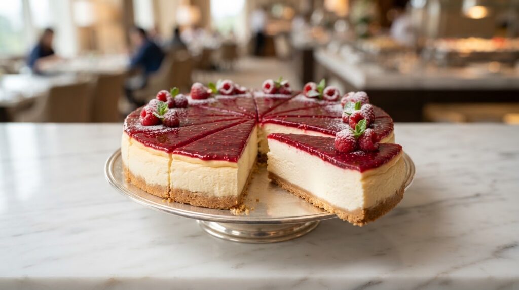 Lezza Foods raspberry cheesecake whole cake with 12 pre-cut slices for HoReCa