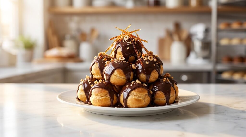 profiterole cake with cream-filled choux and dark chocolate sauce