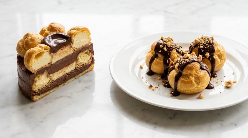 profiterole cake slice next to individual profiteroles with chocolate sauce