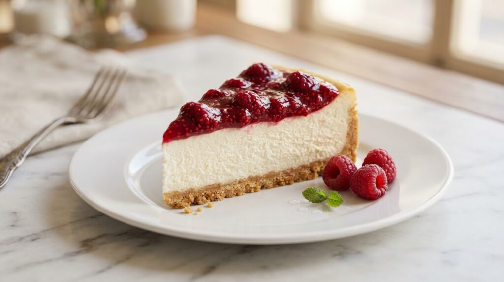 raspberry cheesecake with glossy raspberry topping for European wholesale buyers