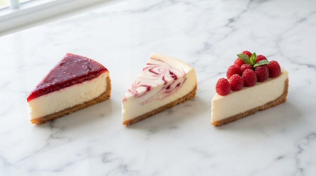 raspberry cheesecake slices showing glazed topping, swirl and fresh fruit formats